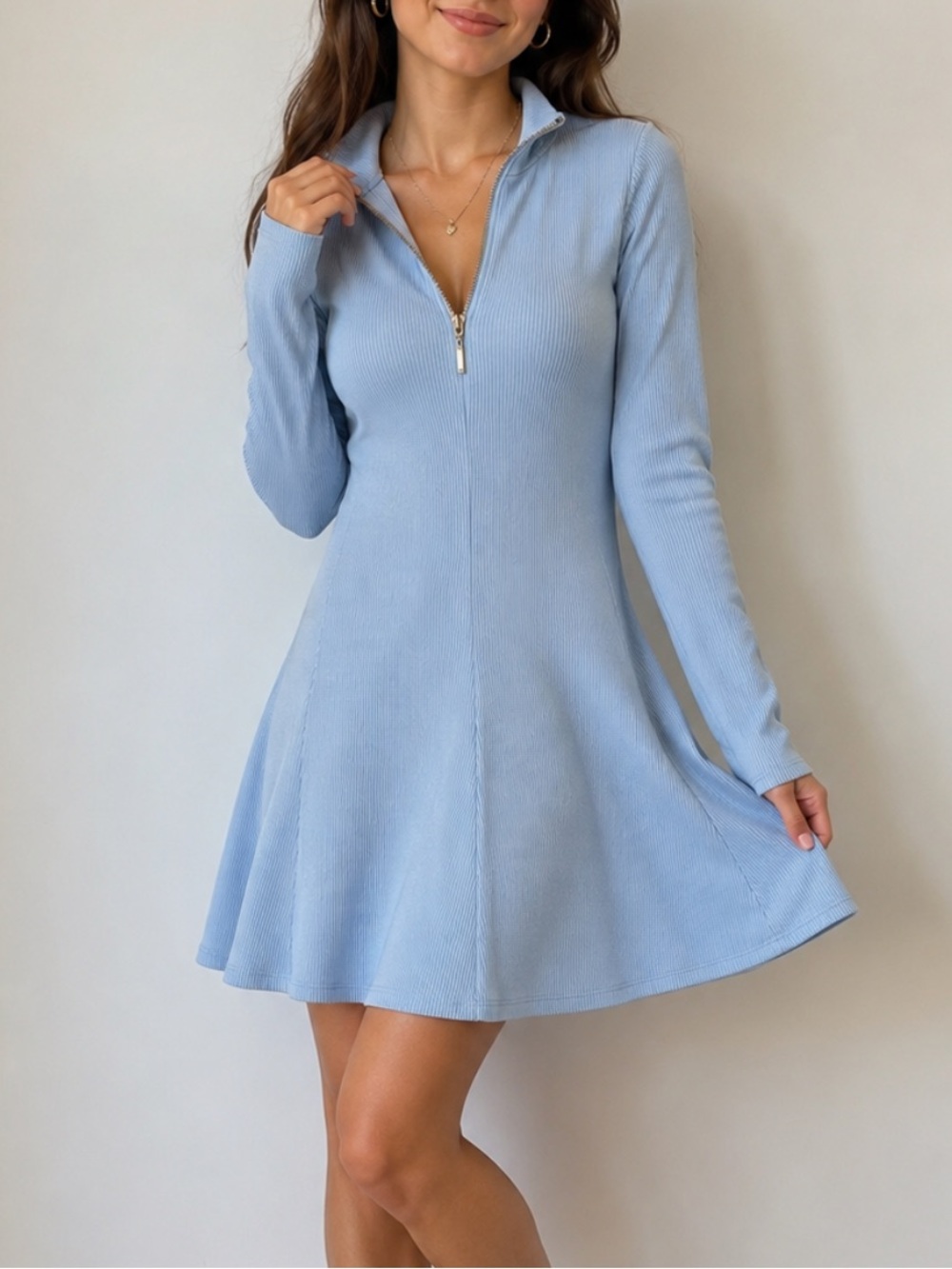 Zara Sky Blue Ribbed Zip-Front Skater Mini Dress